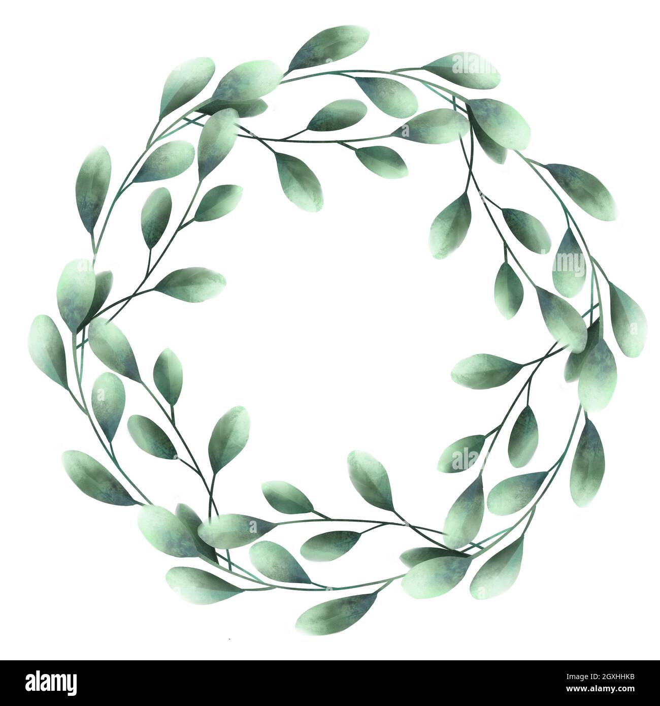 Watercolor green leaves simple wreath. Isolated on white Stock Photo ...