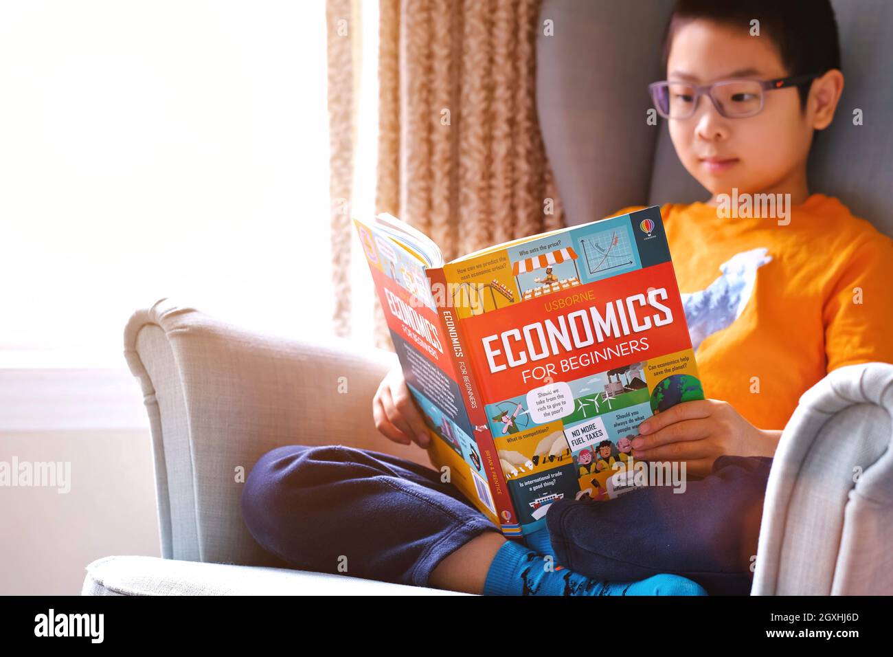 Child boy wearing glasses reading economics for beginners book on sofa at home during covid-19 pandemic lockdown. Kids business economics education. Stock Photo