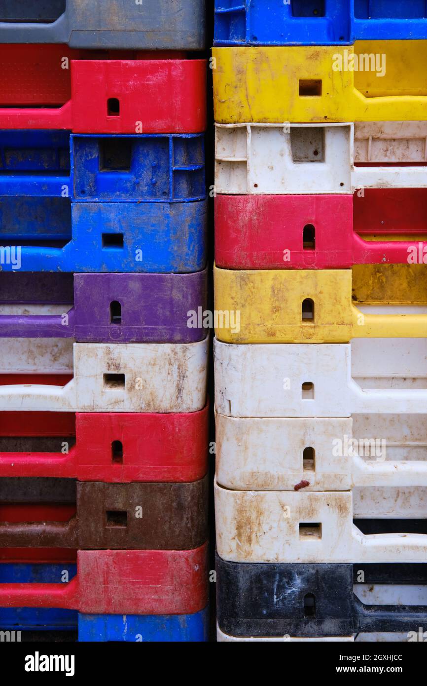stack of colourful seafood crates Stock Photo