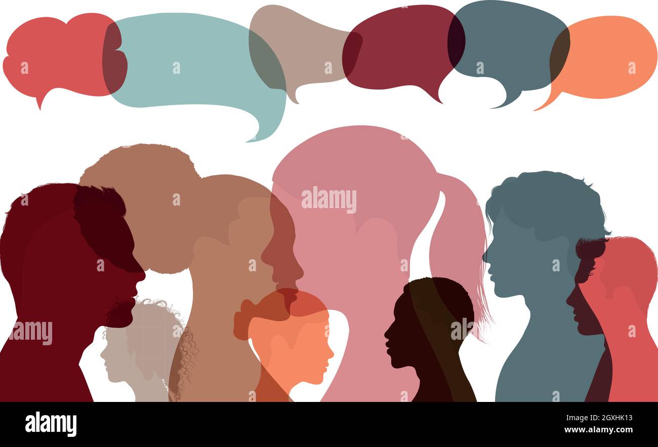Silhouette heads faces of multicultural business people with speech bubble. Concept for expressing opinions evaluations and feedback. Communication Stock Vector