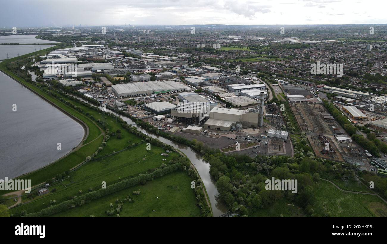 Enfield Power station, Brimsdown, UK Aerial drone view 2021 Stock Photo
