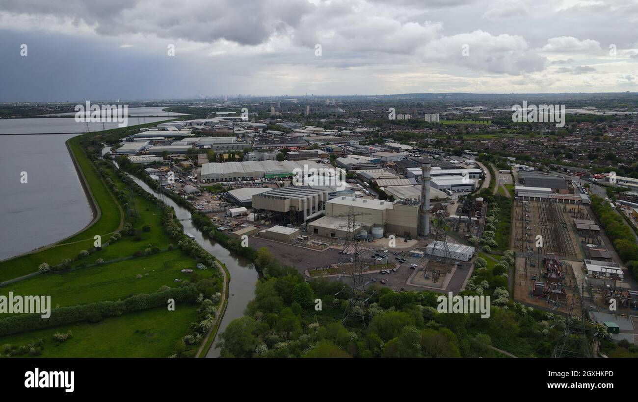 Enfield Power station, Brimsdown, UK Aerial drone view Stock Photo