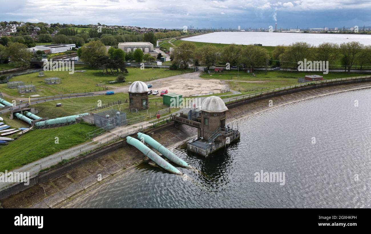 King George's Reservoir Sewardstone Chingford ,UK pumping Station Aerial drone view Stock Photo