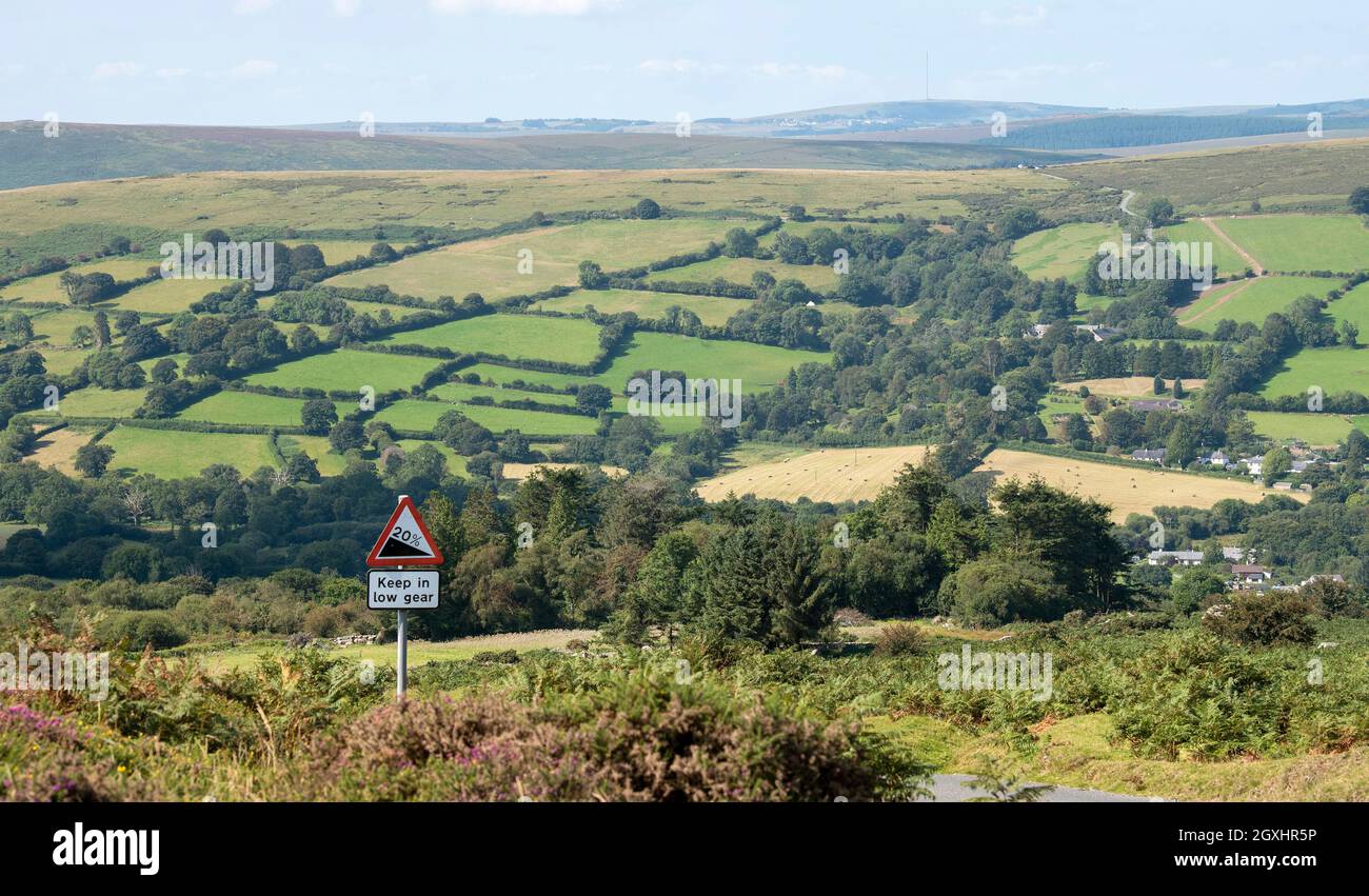 Dartmoor, Devon, England, UK. 2021,  A high view over Dartmoor near Widecombe on the Moor with backdrop of green fields and beautiful countryside. Stock Photo