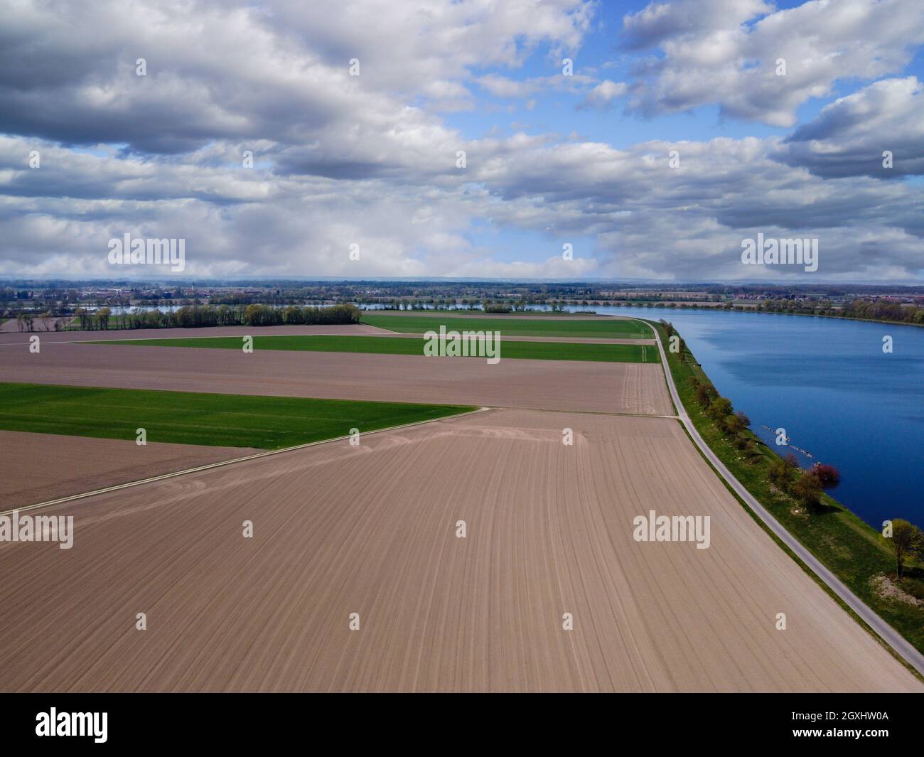 Aerial view of an agricultural field with grain planted in spring in ...