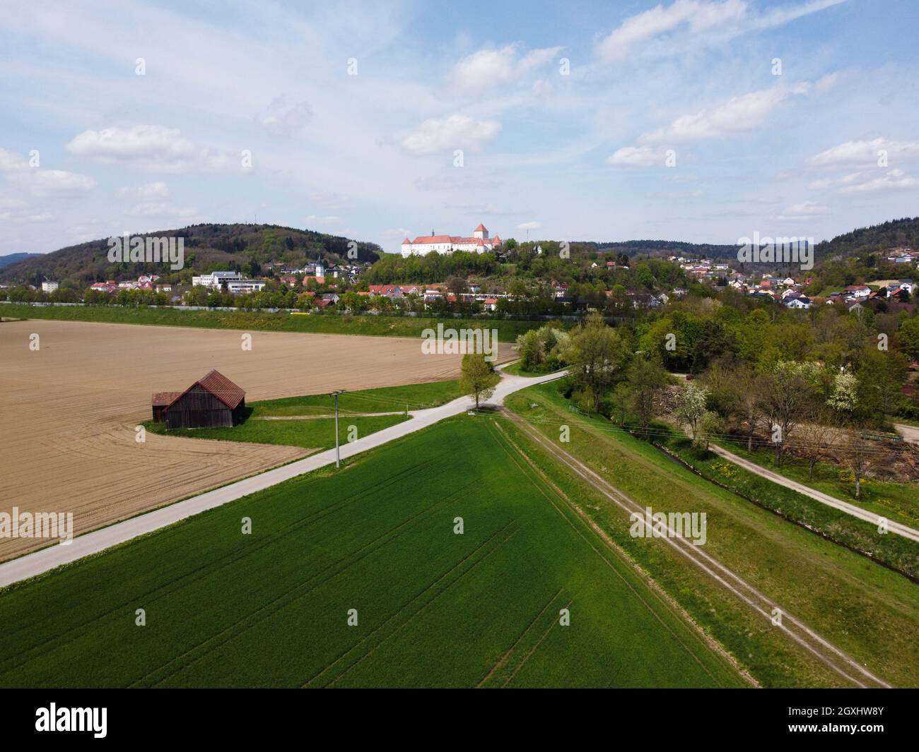 Aerial view of an agricultural field with grain planted in spring in ...