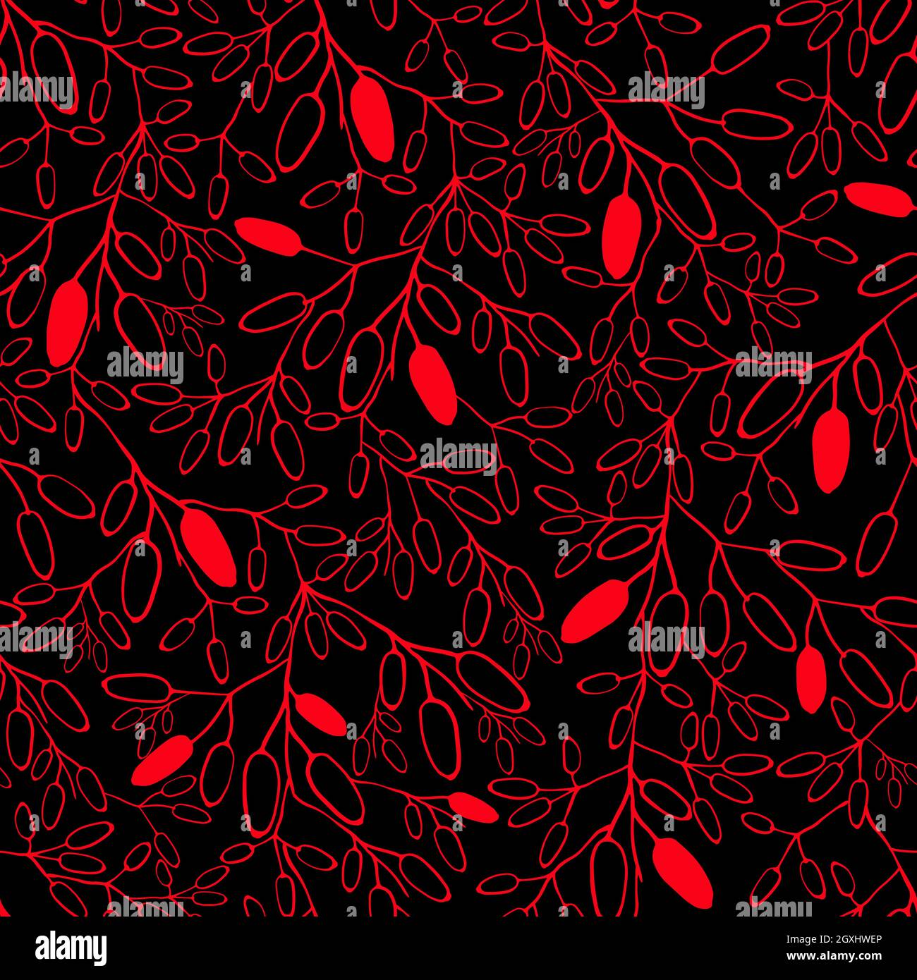 Barberry seamless pattern. Hand drawn berry on black background. Stock Vector