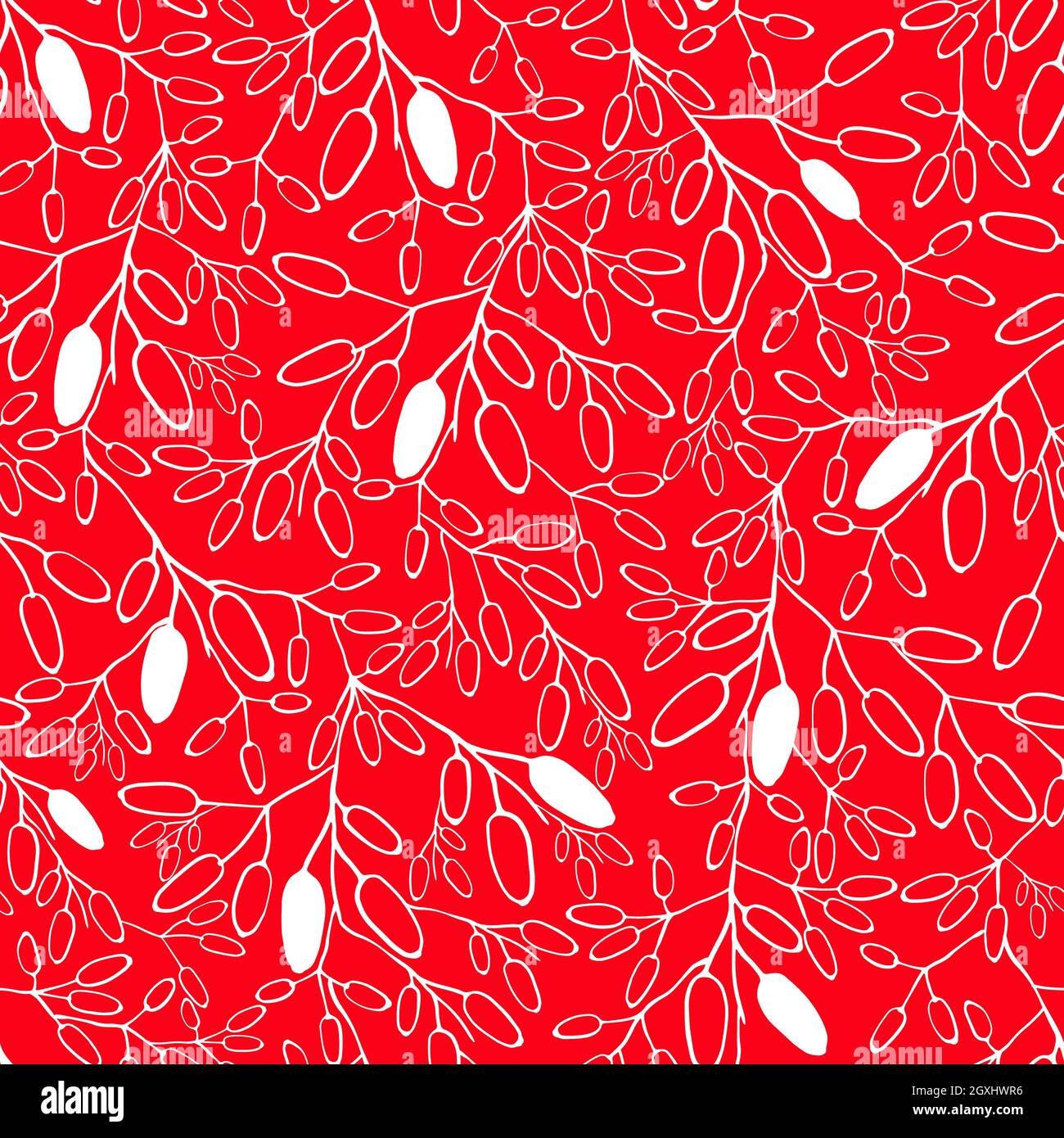 Barberry seamless pattern. Hand drawn berries on red background. Stock Vector