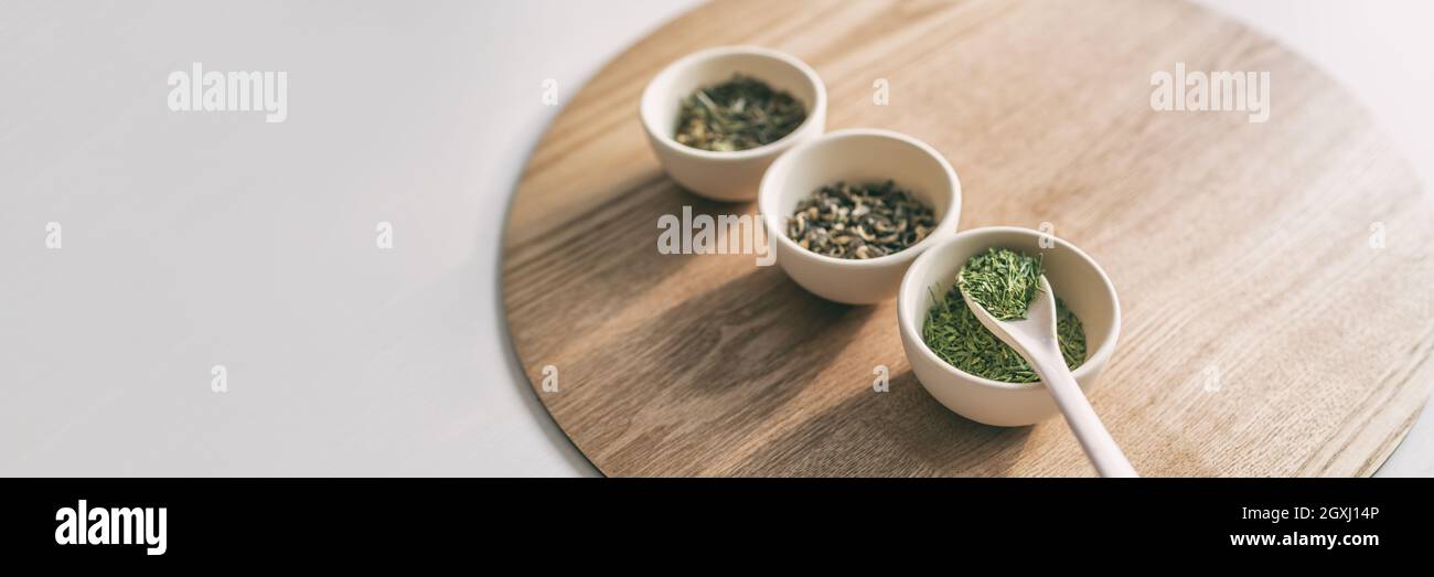 Green tea leaves selection chinese teas panoramic banner background