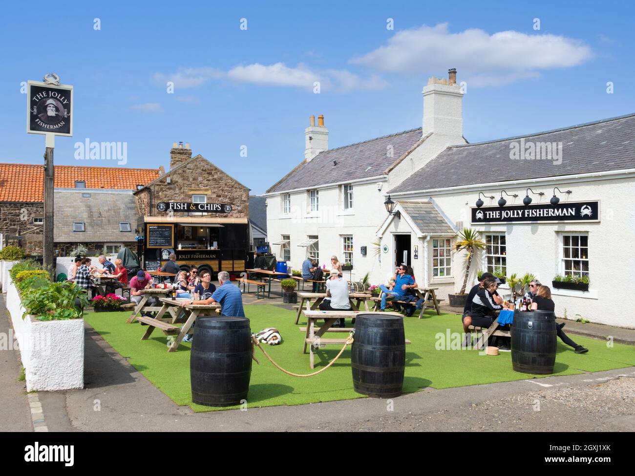 Craster The Jolly Fisherman pub in the coastal village of Craster Village Northumberland coast Northumbria Northumberland England GB UK Europe Stock Photo