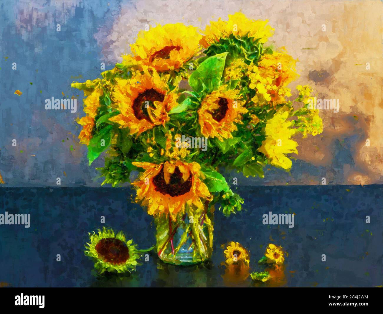 Sunflower bouquet painting in oil colors Stock Photo - Alamy