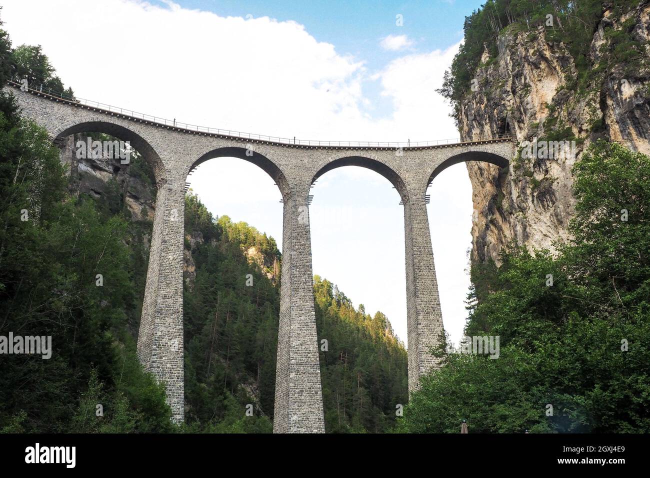 Landwasser Viaduct, single track, six-arched curved limestone railway ...