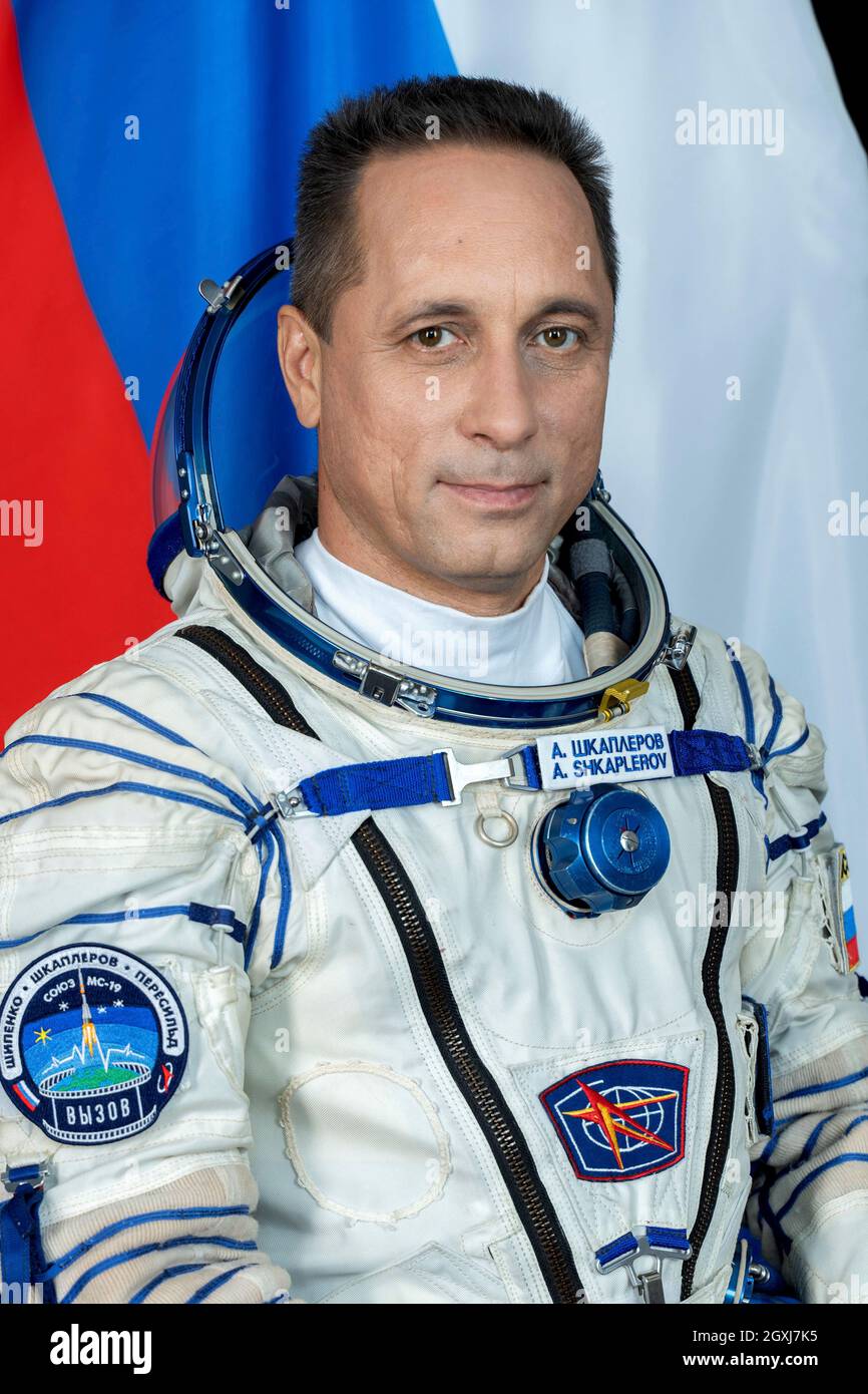 Russian Soyuz 65S Commander, Anton Shkaplerov, poses for a portrait at the Gagarin Cosmonaut Training Center August 26, 2021 in Star City, Russia. The 65S crew will be the first to film a motion picture aboard the International Space Station. Stock Photo