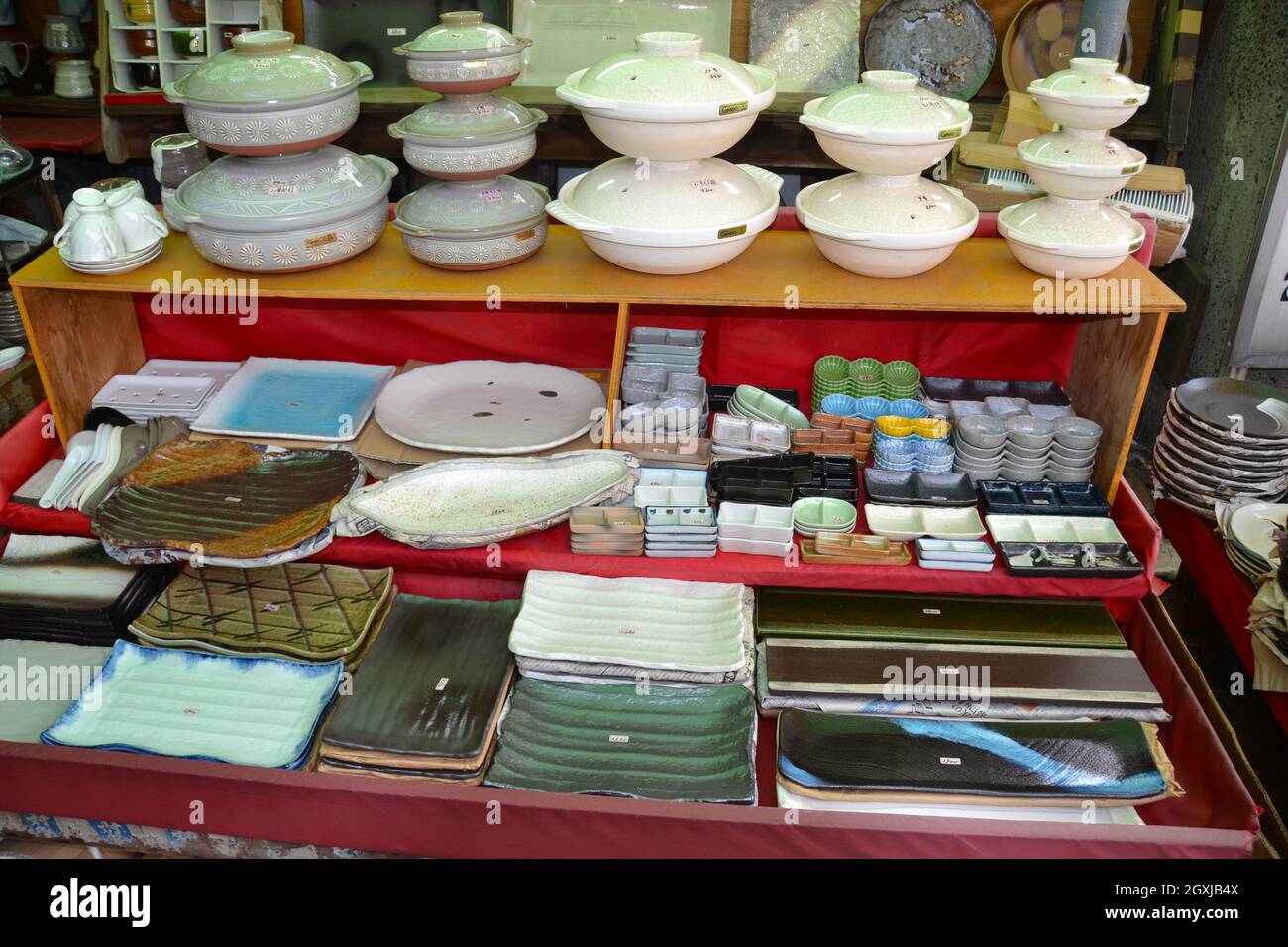 Traditional ceramic plates and bowls on display at Tsukiji Outer Market