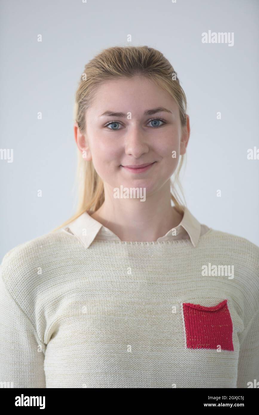 portrait of happy smilling female student girl in school library Stock ...