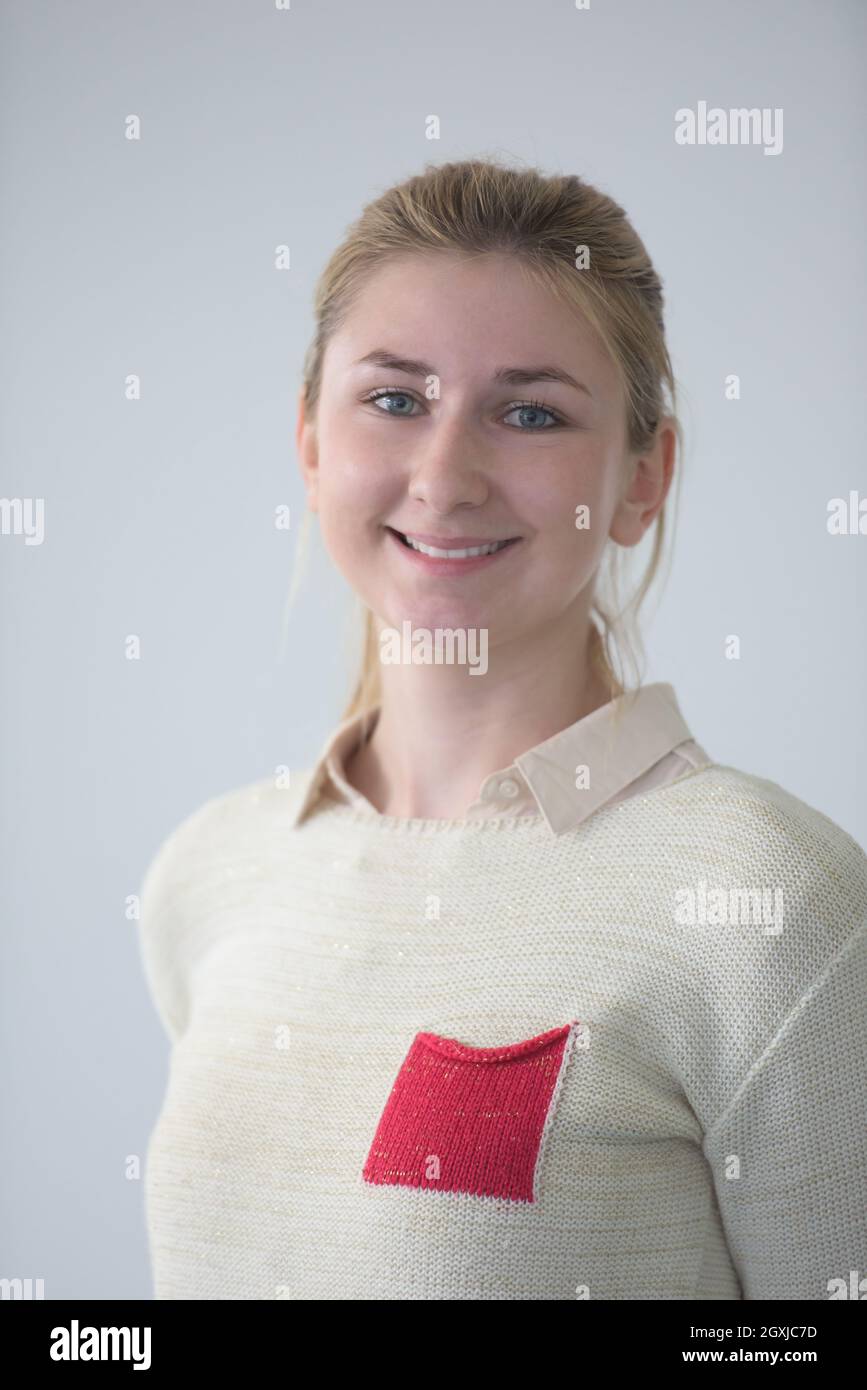 portrait of happy smilling female student girl in school library Stock ...