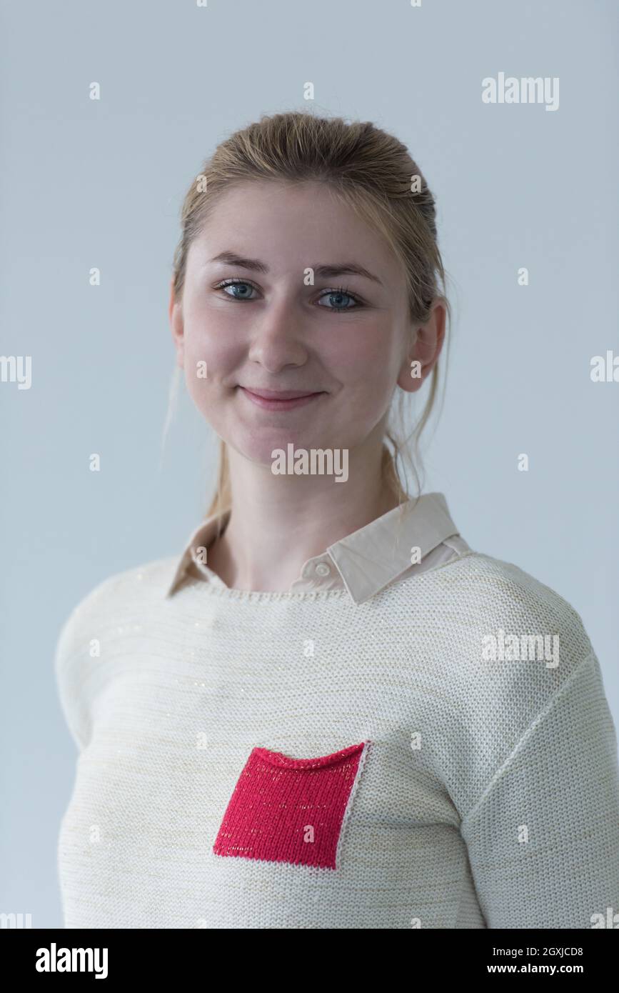 portrait of happy smilling female student girl in school library Stock ...