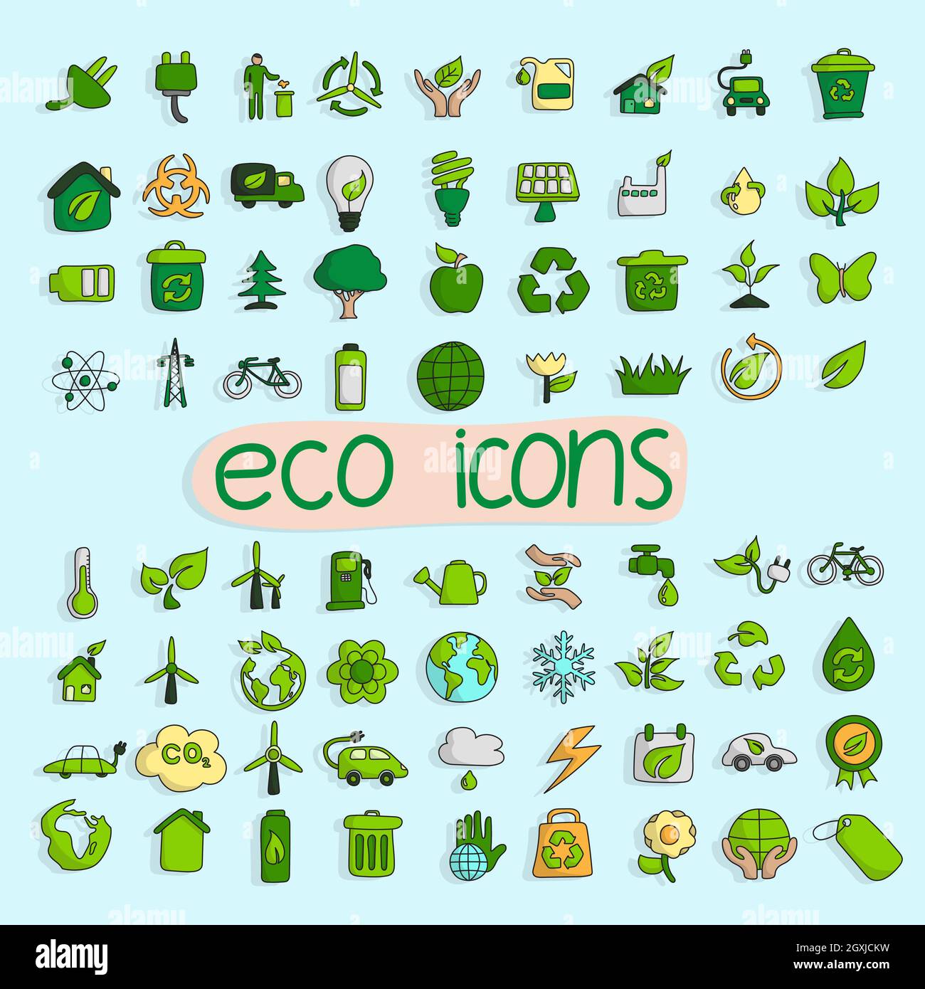 ecology icon set hand drawn illustration vector isolated on blue ...