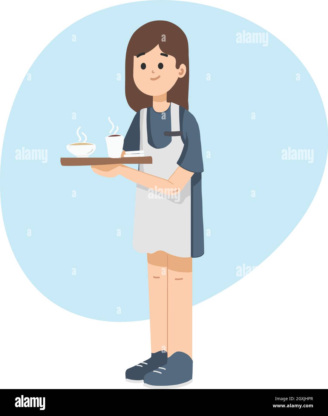 Girl holding tray and serving coffee, tea at coffee shop. Cute waitress serving coffee. Flat isolated vector illustration. Stock Vector