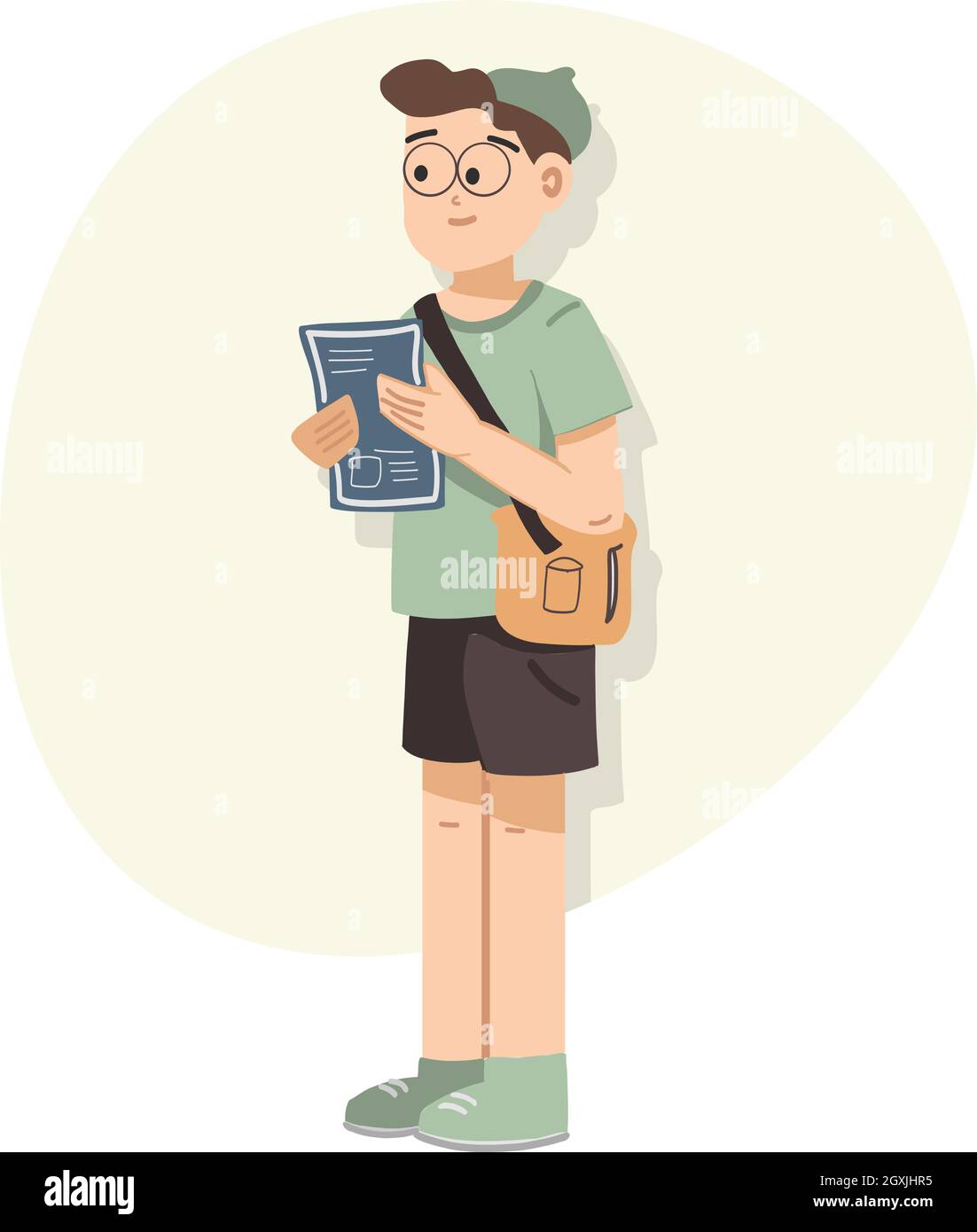 Boy with a menu card placing order at cafe. Traveler stylish boy isolated vector illustration. Simple Lean Slim Boy with Side Sling bag green tshirt a Stock Vector