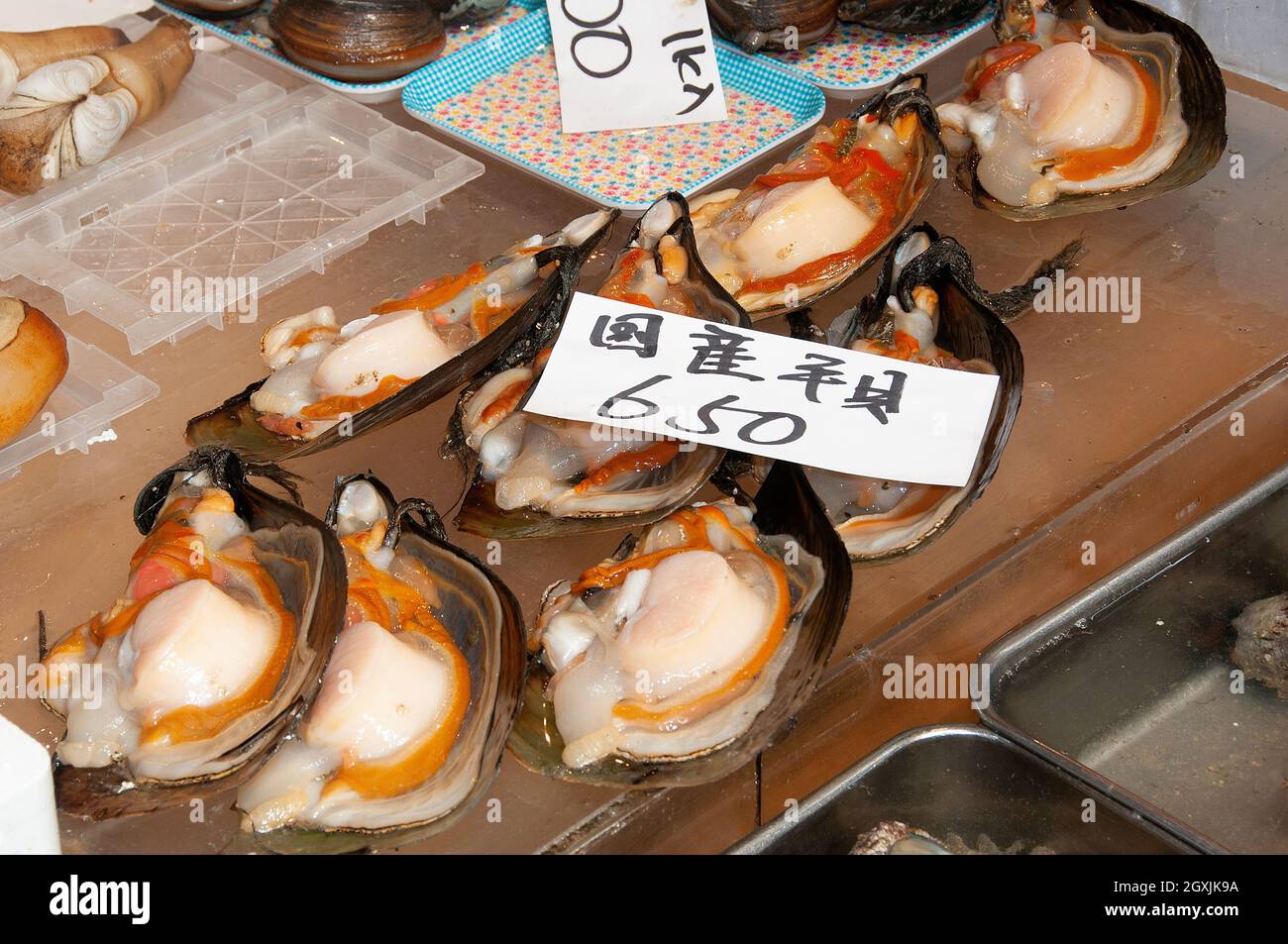 Fresh abalone for sale at the old Tsukiji Fish Market, Tokyo, Japan Stock Photo