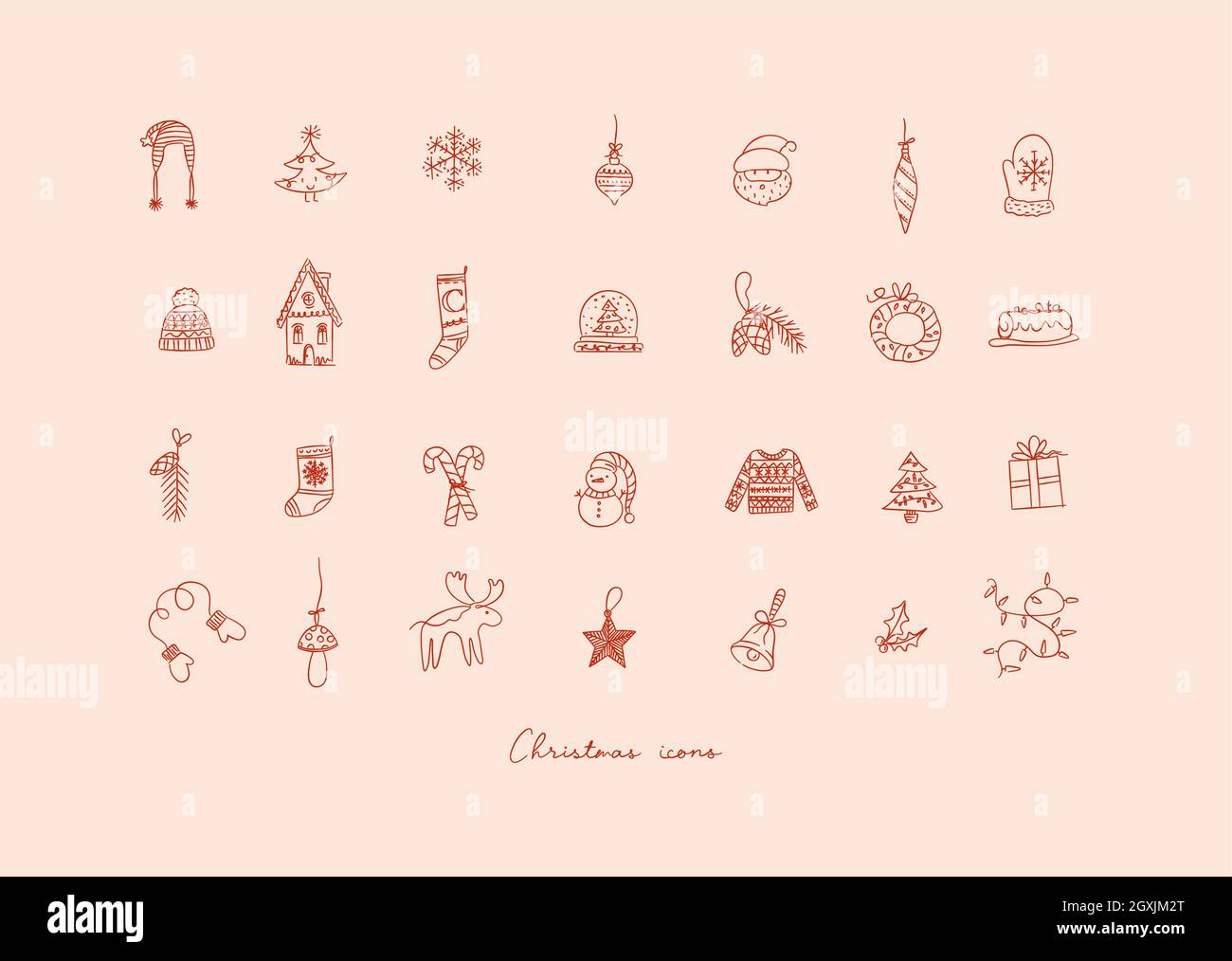 Christmas icons drawing in hand sketch style on peach color background Stock Vector