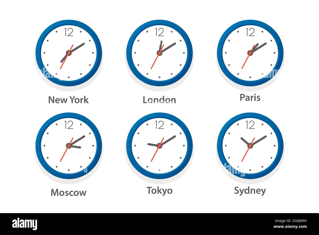 Flat Vector Wall Office Clock Icon Set. Time Zones of Different Cities