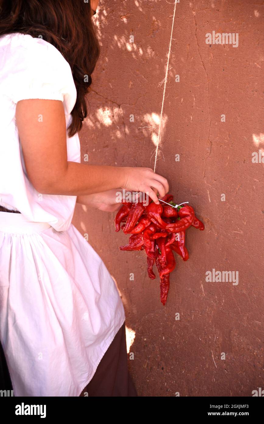 A woman demonstrates how to make ristras, or strings of chile peppers ...