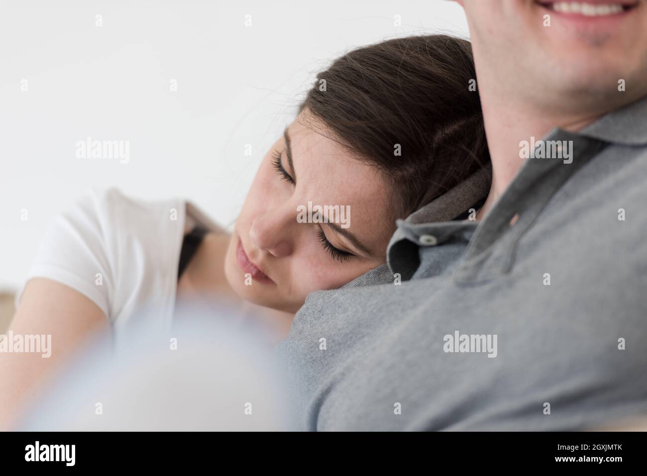 relationship concept cute young woman sleeping on shoulder of her