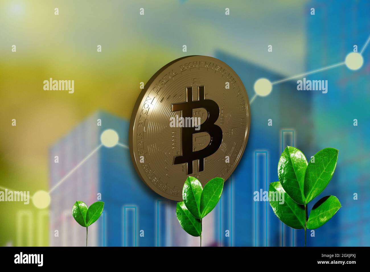 Bitcoin gold coin against industrial business green sprout background.  Extraction or Mining Virtual cryptocurrency, Environment impact of crypto  minin Stock Photo - Alamy