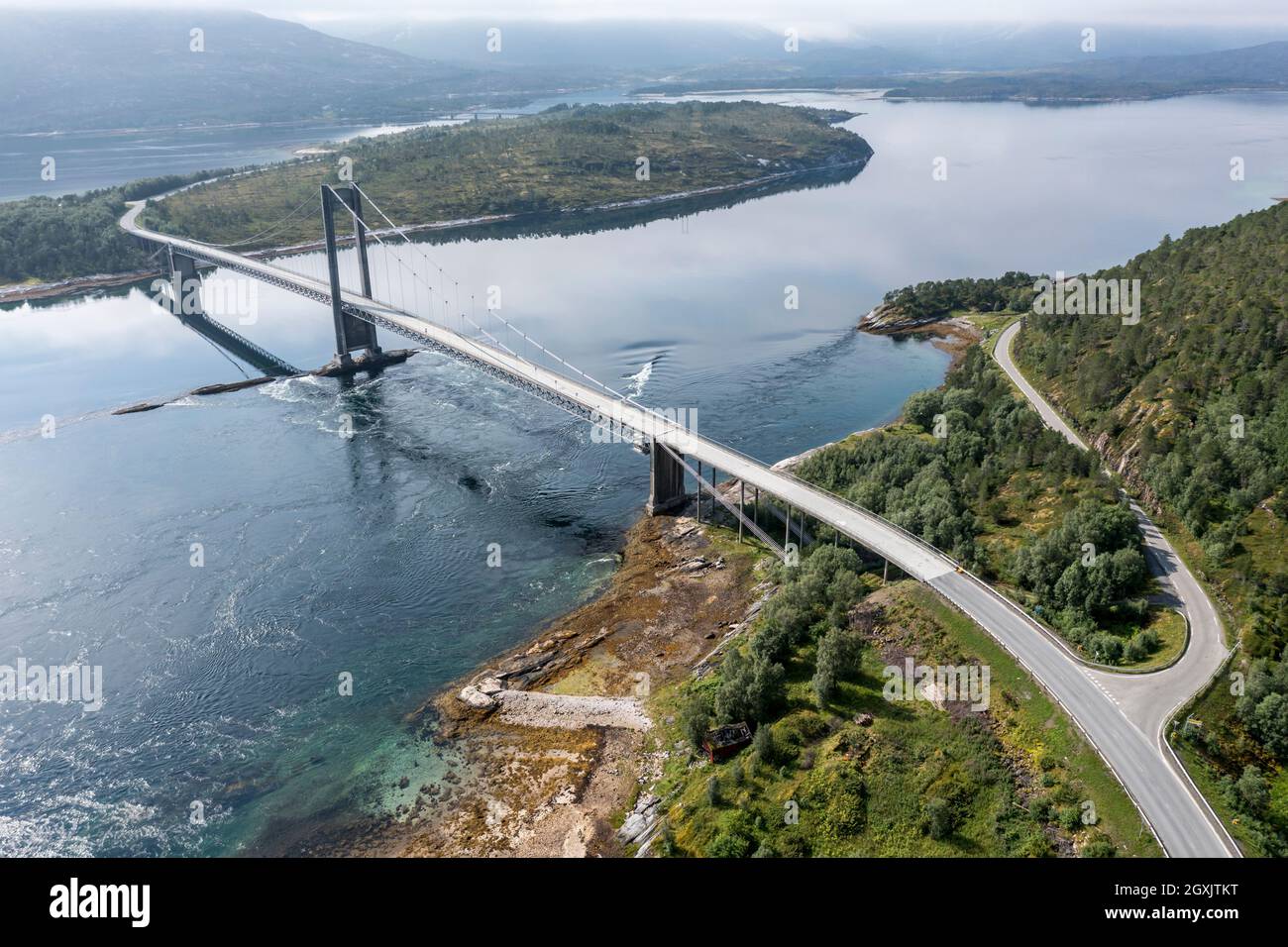 Aerial view of suspension bridge over fjord Efjord, road E6, northern ...