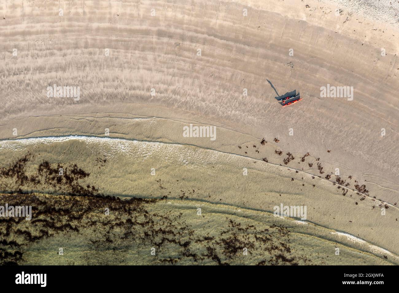 Aerial view of a kayak at  beach Ersfjordstranden, fjord Ersfjord,  northern Norway, Norway Stock Photo