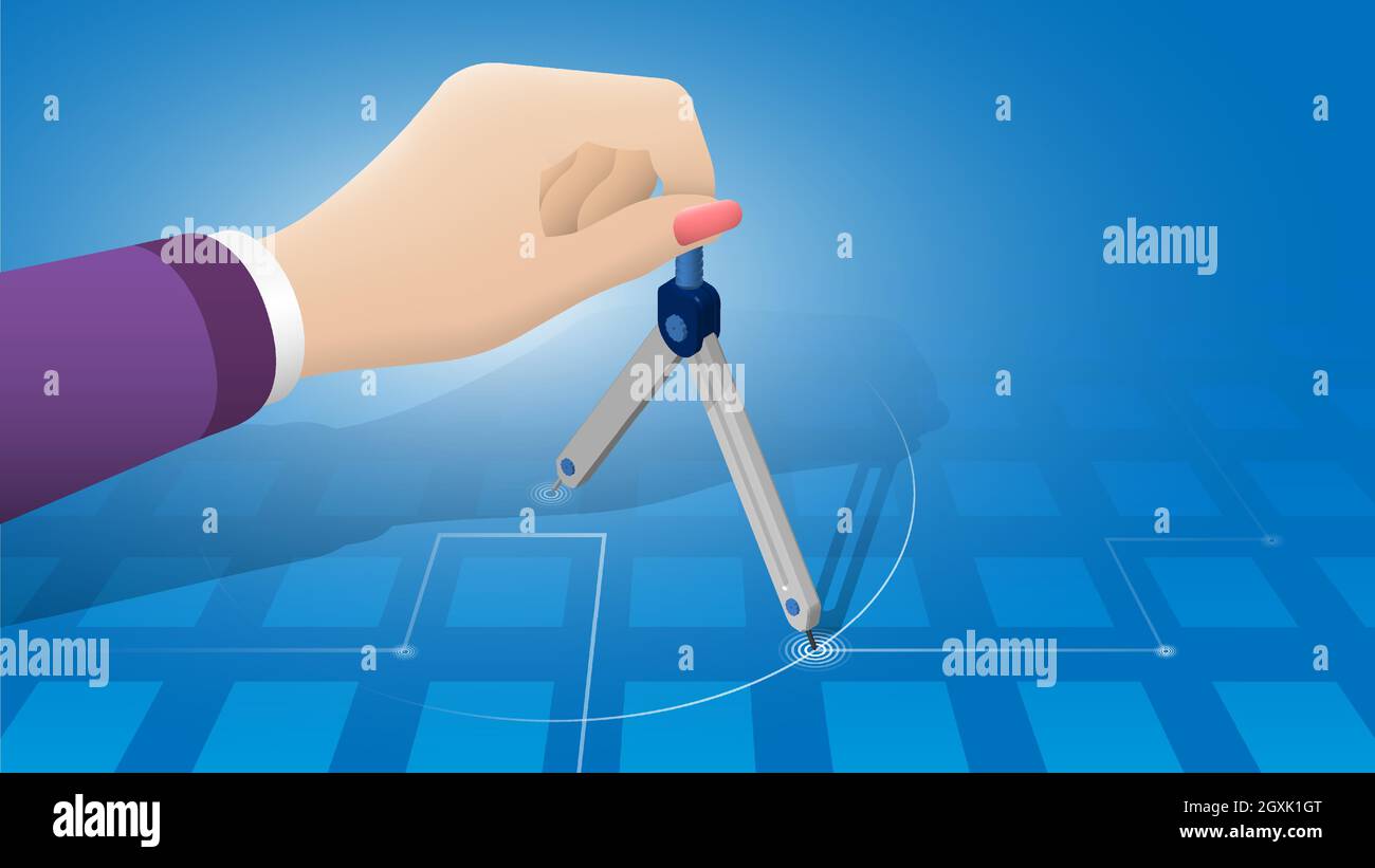 Concept. Drawing compass, divider for sketching In hand of engineer or