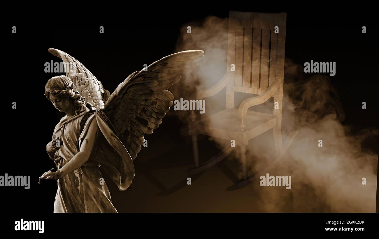 3d illustration - Rocking Chair on The Terrace and the Angel with wings ...