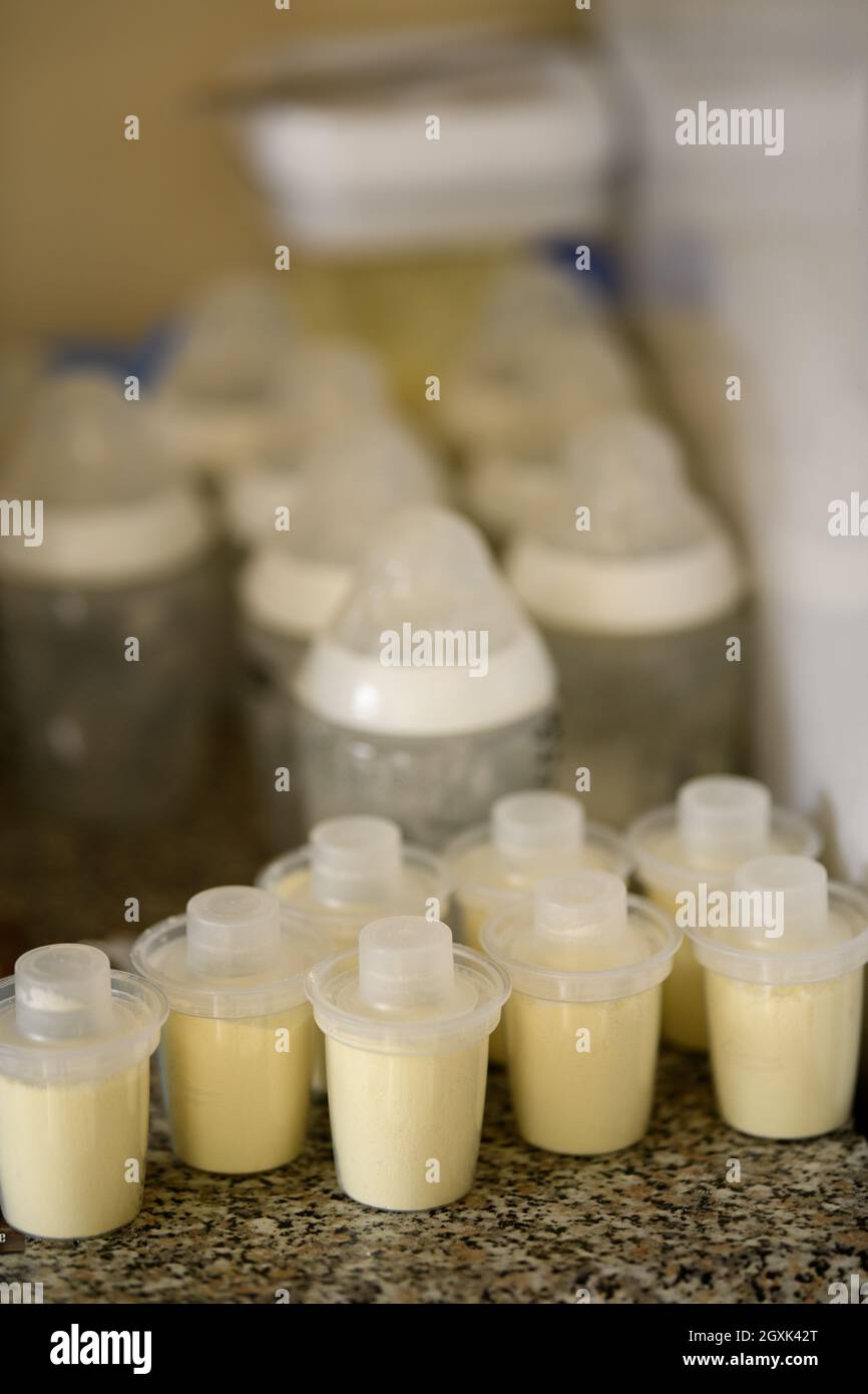 Bottles of baby milk for a newborn Stock Photo
