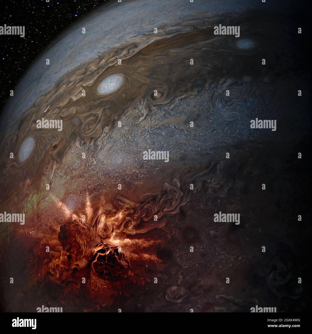 Jupiter planet and meteorites collision. Elements of this image furnished by NASA. Stock Photo