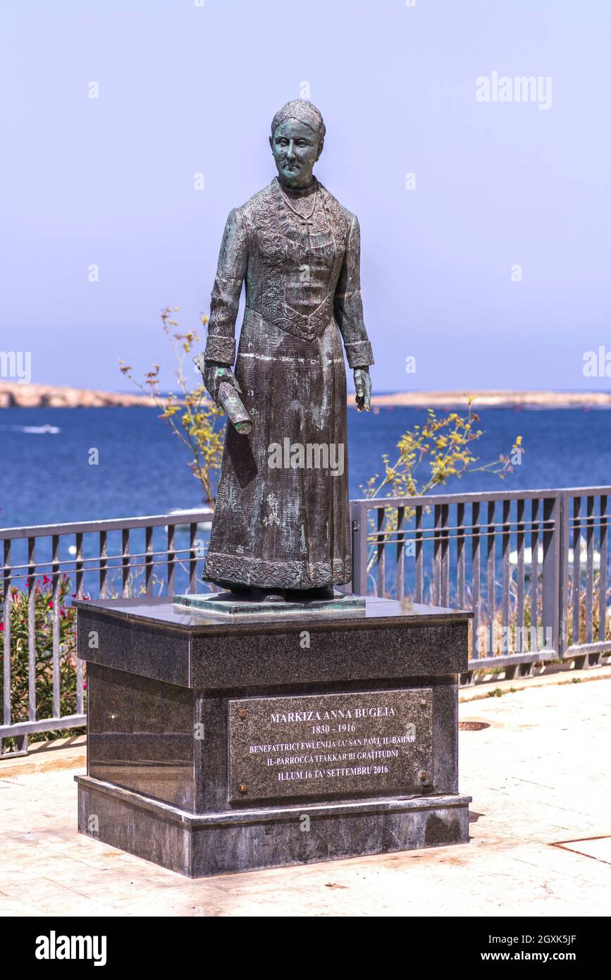 Monument dedicated to Anna Bugeja in the popular tourist town of St Paul’s Bay. Stock Photo