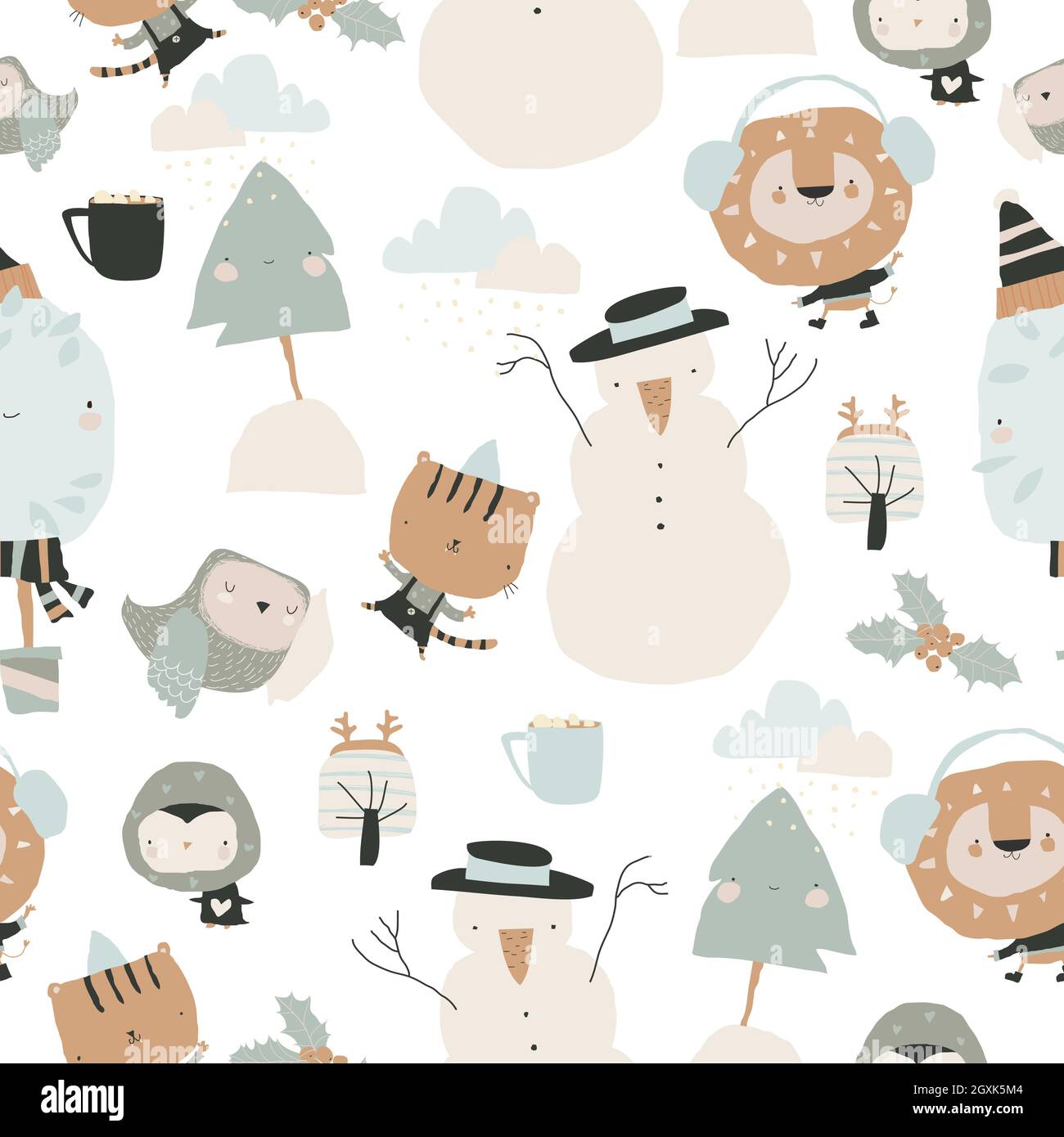 Seamless Pattern with Happy Cartoon Animals meeting Winter Holidays on  White Background Stock Vector Image \u0026 Art - Alamy, image size:1300x1390