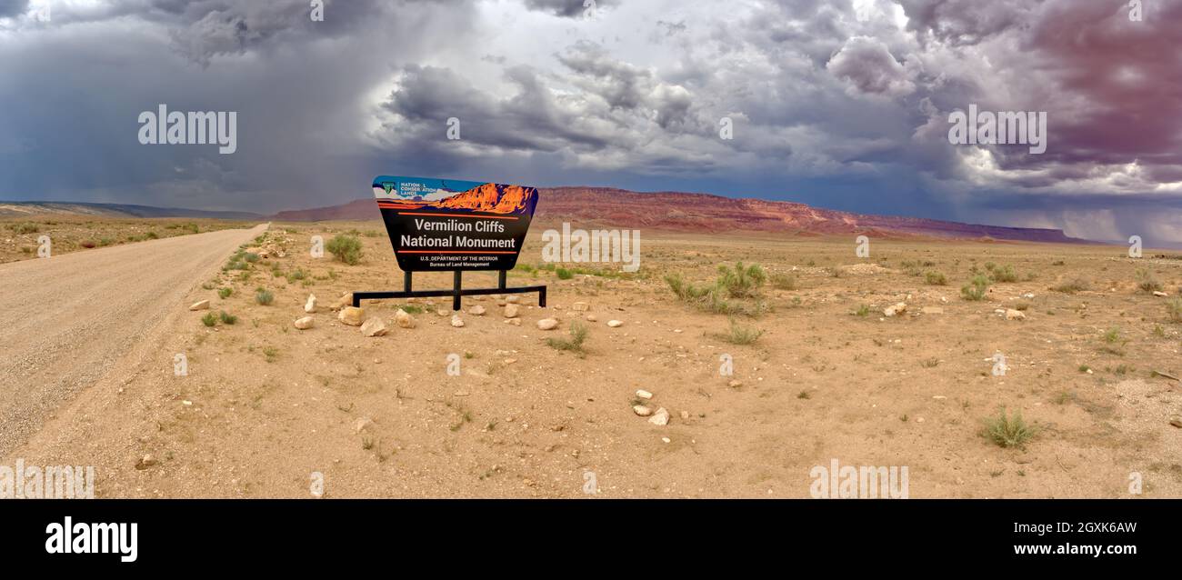 Storm clouds over roadside sign, Vermilion Cliffs National Monument, Coconino County, Arizona, USA Stock Photo