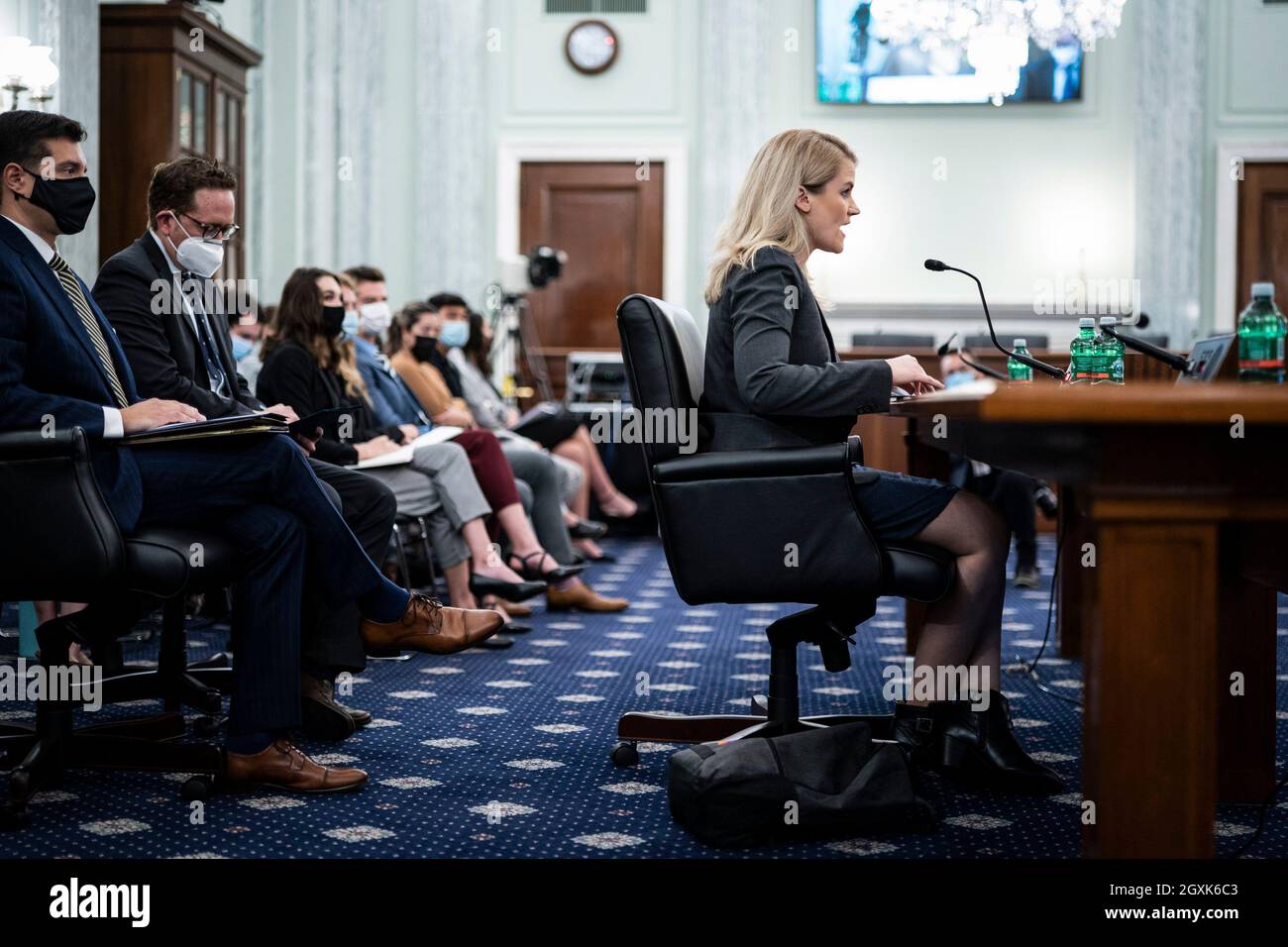 Washington, DC, USA. 5th Oct, 2021. Former Facebook employee and whistleblower Frances Haugen testifies during a Senate Committee on Commerce, Science, and Transportation hearing entitled 'Protecting Kids Online: Testimony from a Facebook Whistleblower' on Capitol Hill on Tuesday, Oct. 05, 2021 in Washington, DC. Credit: Jabin Botsford/Pool Via Cnp/Media Punch/Alamy Live News Stock Photo