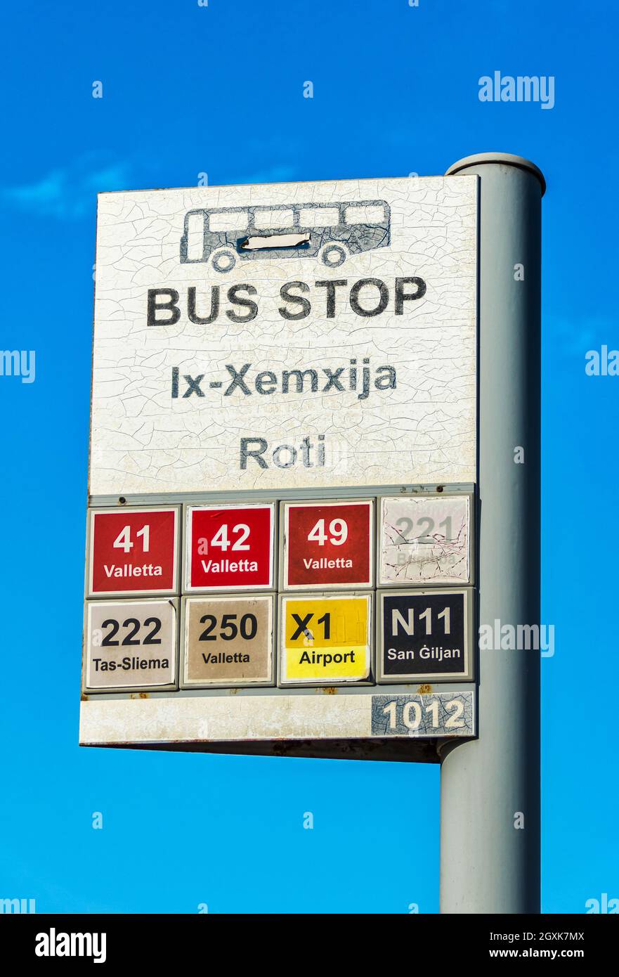 Malta, Xemxija: Malta Public Transport bus stop sign. Stock Photo