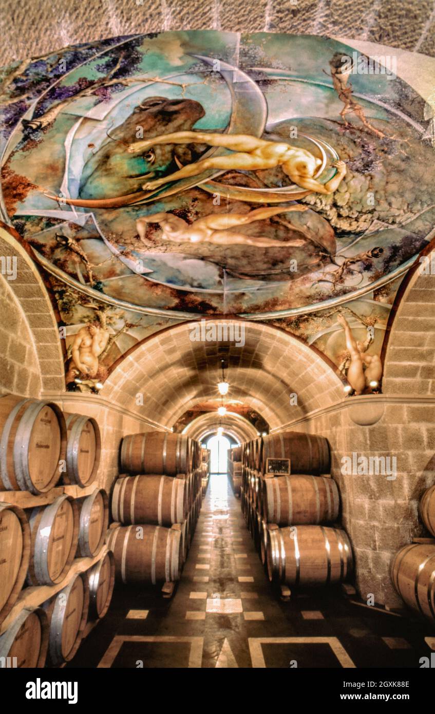 Mastroberardino Italian barrel ageing wine cellar featuring hand-painted frescoes combining the winery's ethos of art and wine Campania, Italy Stock Photo