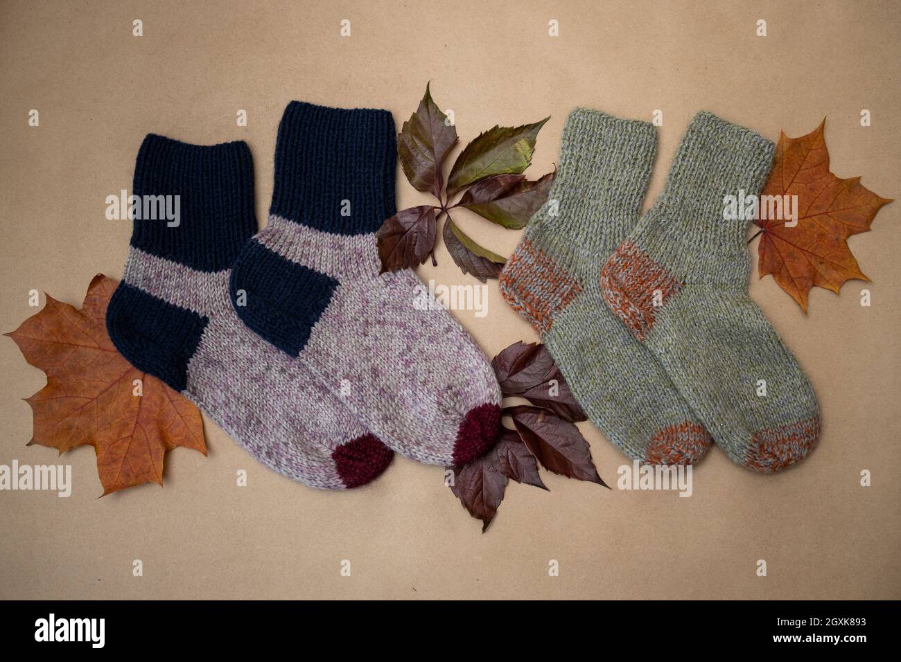 Hand-knitted socks in autumn colors and autumn foliage lie on a sheet of craft paper. View from above. Stock Photo