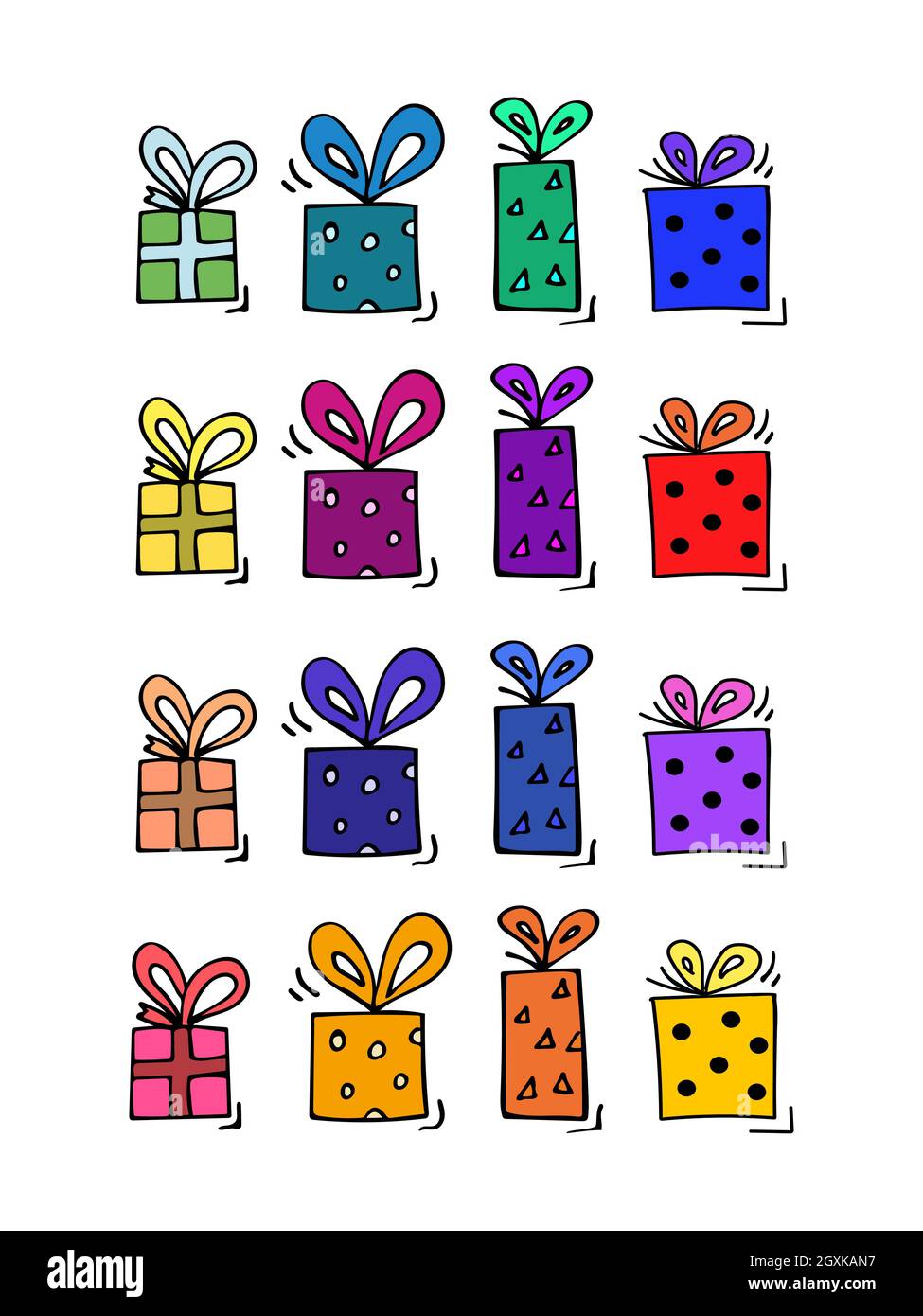 Hand drawn vector with bright presents. Vector illustration. Doodle Stock Vector