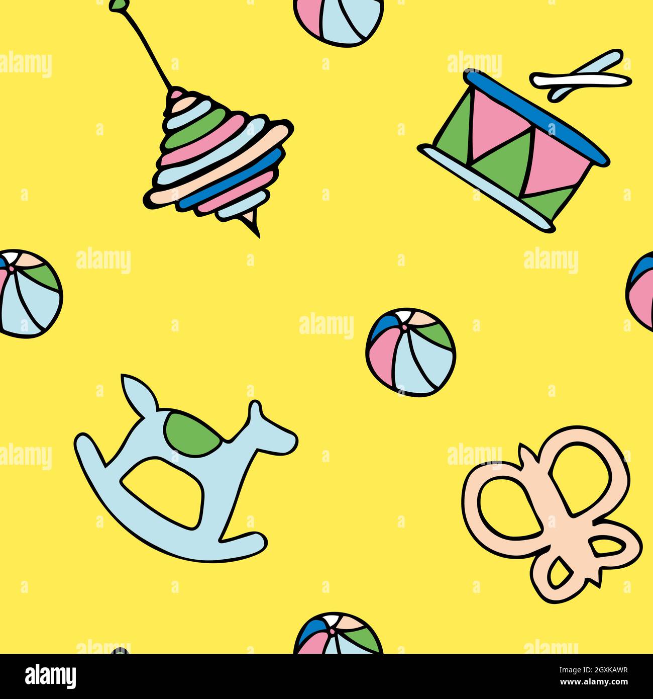 Yellow background pattern with kids toys, butterfly and horse, drum. Stock Vector