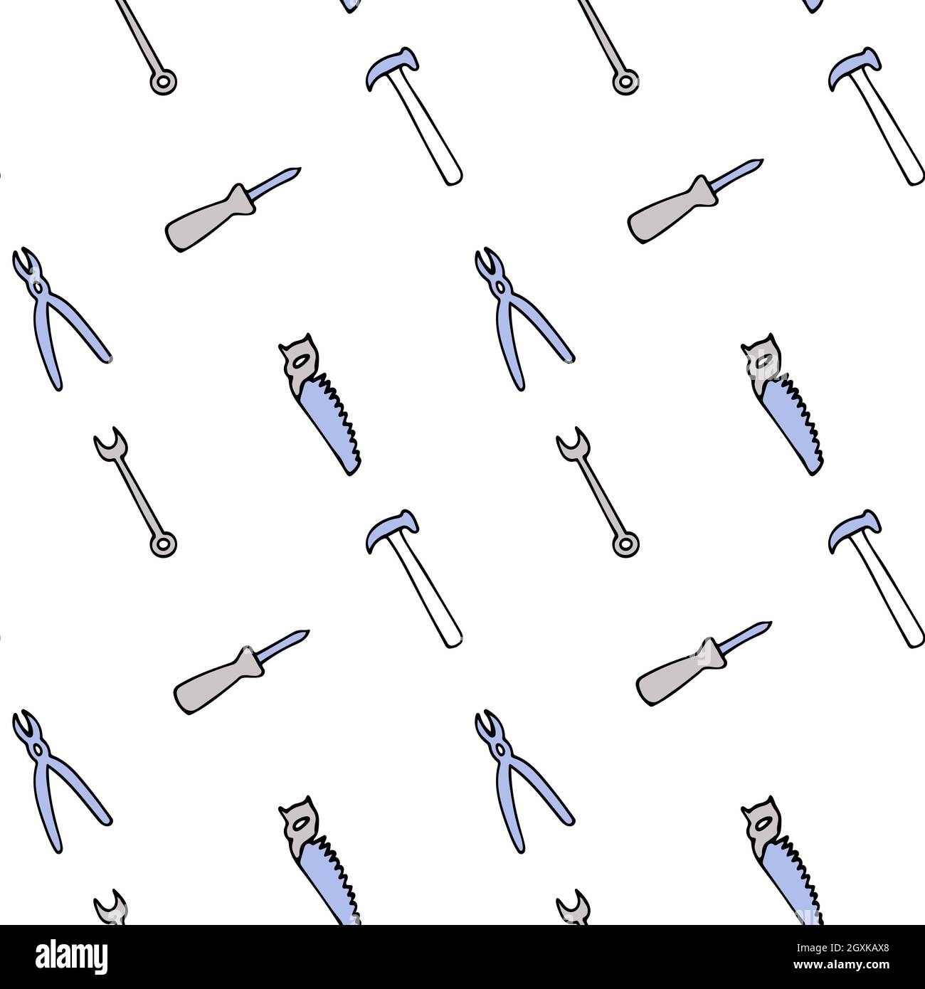 Seamless pattern with repair tools, screwdriver, pliers, saw, hammer, adjustable wrench.  Stock Vector
