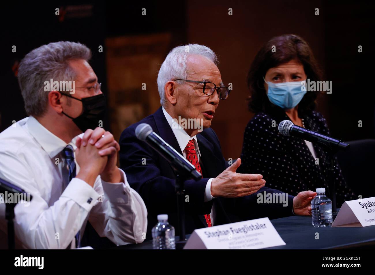 Princeton University meteorologist Professor Syukuro Manabe, who won a  share of the 2021 Nobel Prize in physics, attends a press conference  alongside Stephan Fueglistaler and Deborah Prentice at the university in  Princeton,