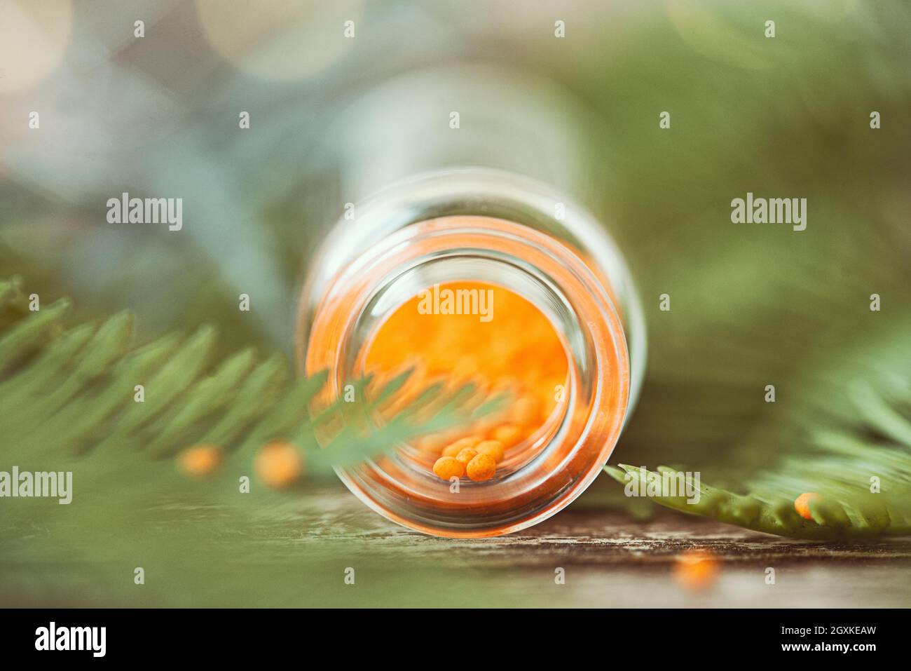 Glass jar filled with orange sprinkles next to a fir tree branch Stock Photo