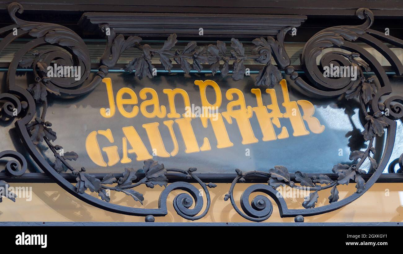 Logo at the entrance of the building of the haute couture house Jean-Paul Gaultier in Paris Stock Photo