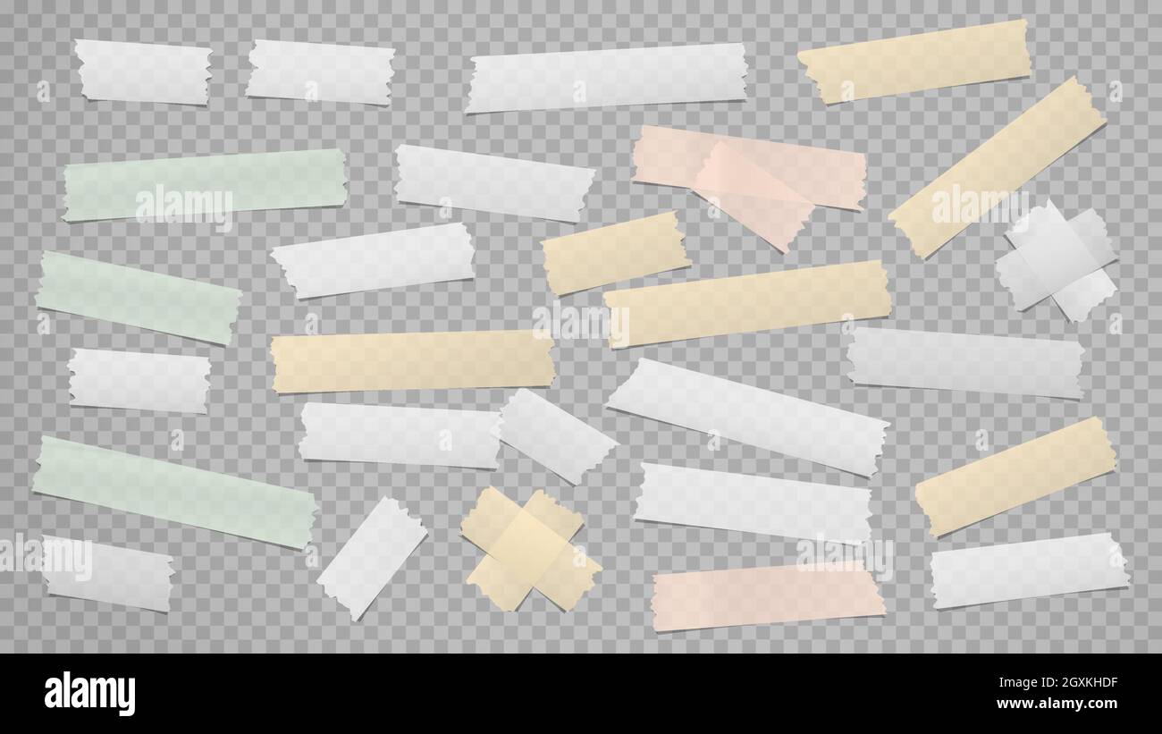 White, green, yellow different size adhesive, sticky, masking, duct tape, paper pieces are on grey transparent, squared background Stock Vector